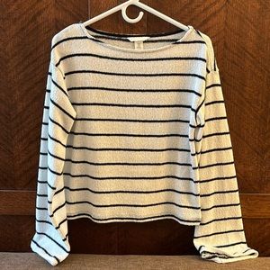 H&M cream, navy striped boatneck drop shoulder bell-sleeved sweater